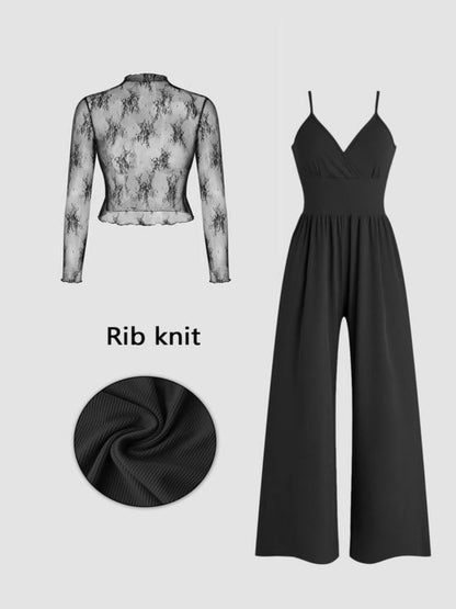 Lace Tee & Pocket Jumpsuit Two-piece Set