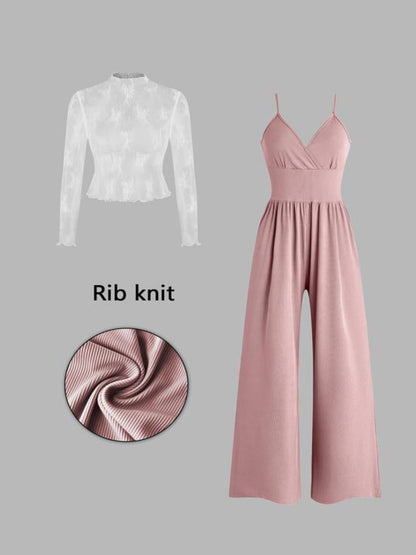 Lace Tee & Pocket Jumpsuit Two-piece Set