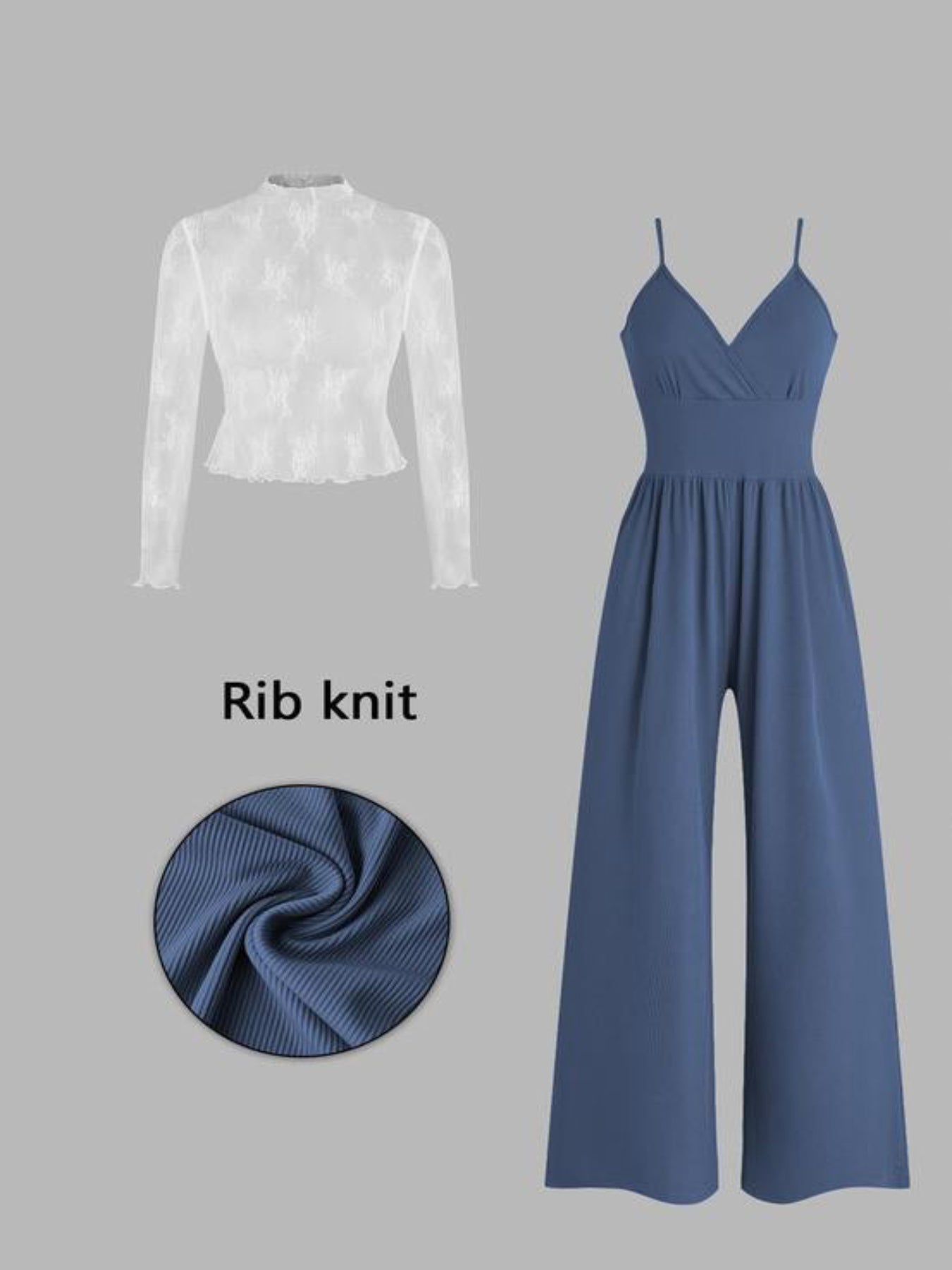 Lace Tee & Pocket Jumpsuit Two-piece Set